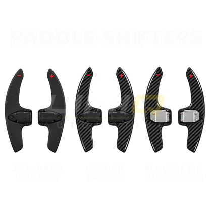 Paddle shifter options: standard paddles, carbon paddles, magnetic carbon paddles