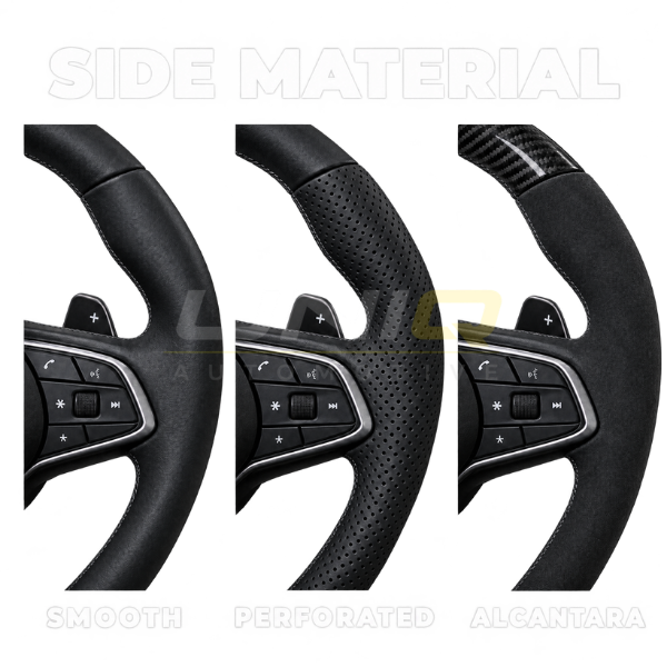 Steering wheel side material options: smooth leather, perforated leather, Alcantara