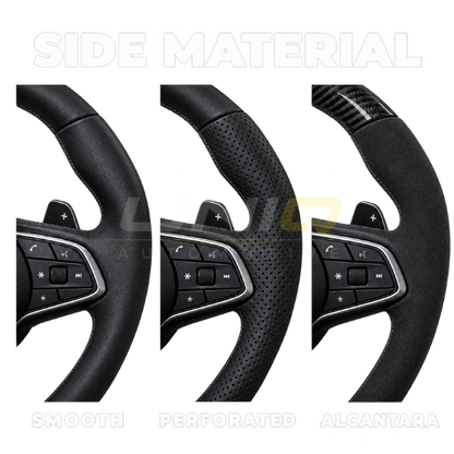 Steering wheel side material options: smooth leather, perforated leather, Alcantara