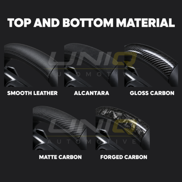 Steering wheel top and bottom material options: smooth leather, Alcantara, gloss carbon, matte carbon, forged carbon