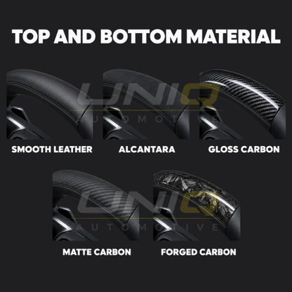 Steering wheel top and bottom material options: smooth leather, Alcantara, gloss carbon, matte carbon, forged carbon